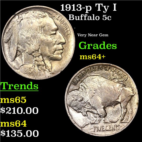 1913-p Ty I Buffalo Nickel 5c Grades Choice+ Unc