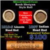 Mixed small cents 1c orig shotgun roll, 1918-S Wheat Cent, 1887 Indian Cent other end, Brinks Wrappe