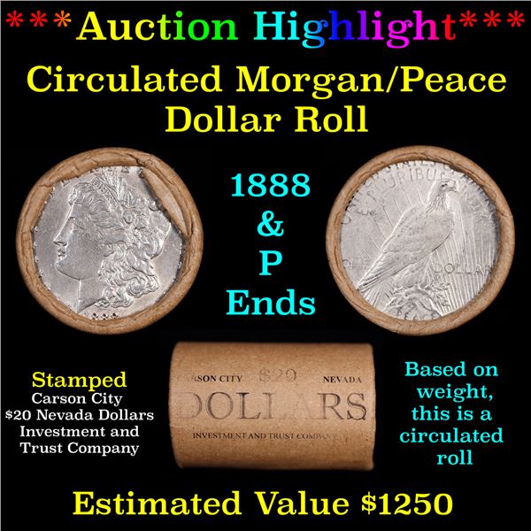 ***Auction Highlight*** Shotgun 1888 & 'P' Ends Mixed Morgan/Peace Silver dollar roll, 20 coin Carso