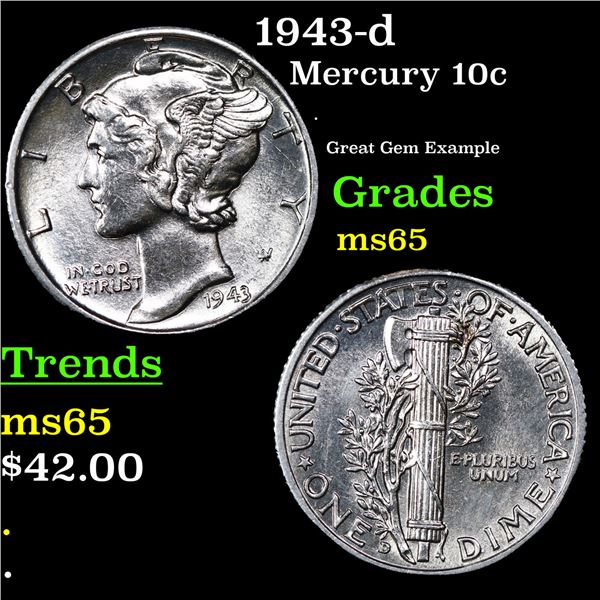 1943-d Mercury Dime 10c Grades GEM Unc