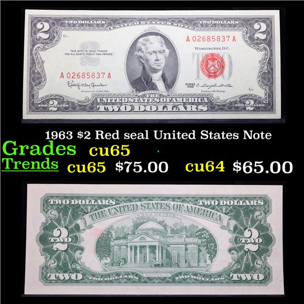 1963 $2 Red seal United States Note Grades Gem CU