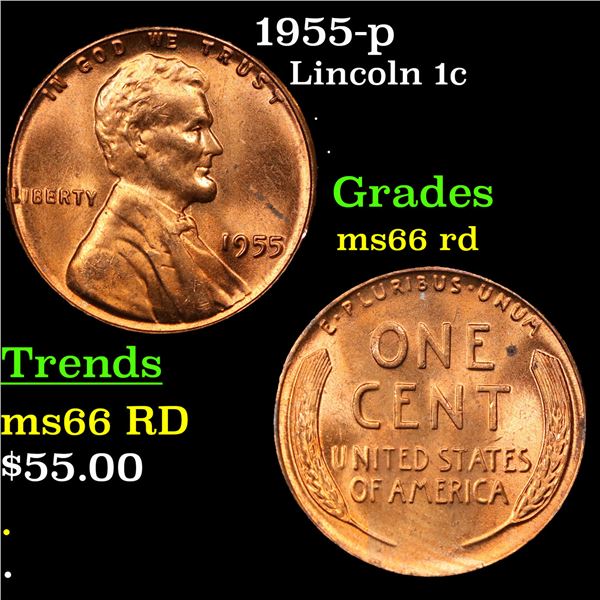 1955-p Lincoln Cent 1c Grades GEM+ Unc RD