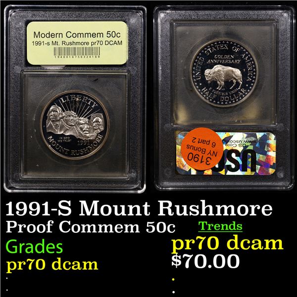 Proof 1991-S Mount Rushmore Modern Commem Half Dollar 50c Graded GEM++ Proof Deep Cameo By USCG