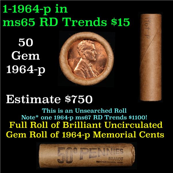 Shotgun Lincoln 1c roll, 1964-P 50 pcs Brandt Wrapper.