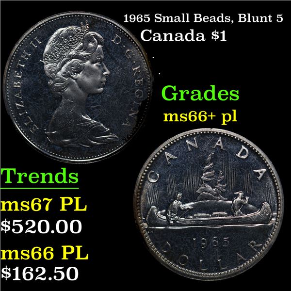 1965 Small Beads, Blunt 5 Canada Dollar $1 Grades GEM++ PL