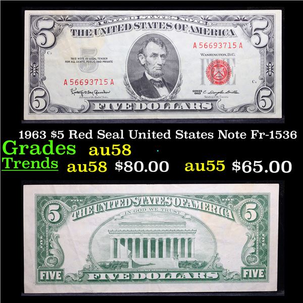 1963 $5 Red Seal United States Note Fr-1536 Grades Choice AU/BU Slider