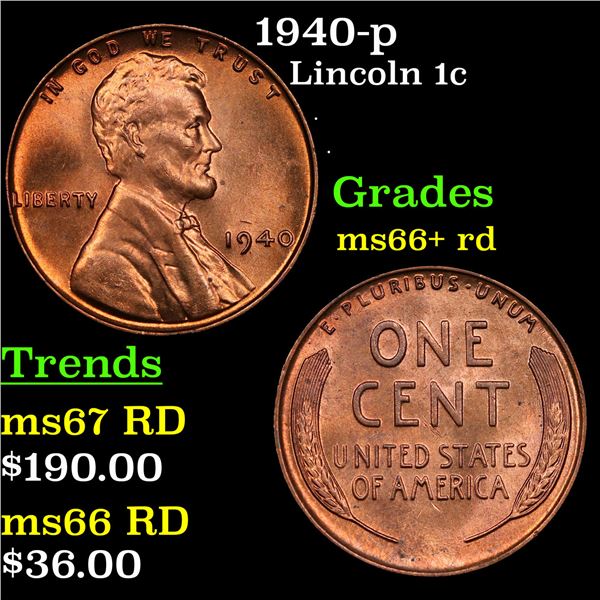 1940-p Lincoln Cent 1c Grades GEM++ RD