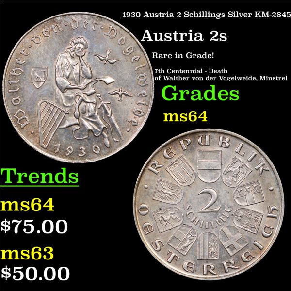 1930 Austria 2 Schillings Silver KM-2845 Grades Choice Unc