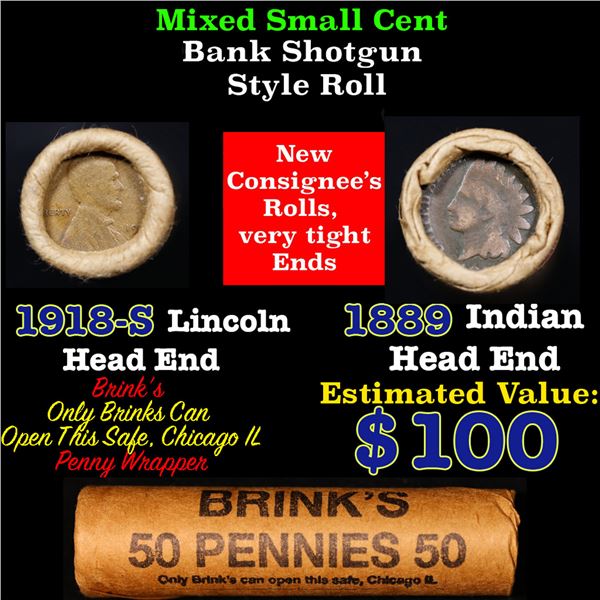 Mixed small cents 1c orig shotgun roll, 1918-S Wheat Cent, 1889 Indian Cent other end, Brinks Wrappe