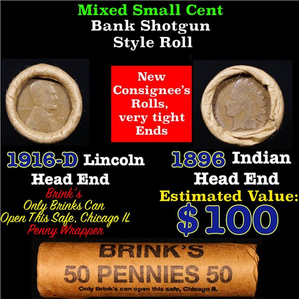 Mixed small cents 1c orig shotgun roll, 1916-D Wheat Cent, 1896 Indian Cent other end, Brinks Wrappe