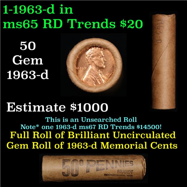 Shotgun Lincoln 1c roll, 1963-D 50 pcs Brandt Wrapper.