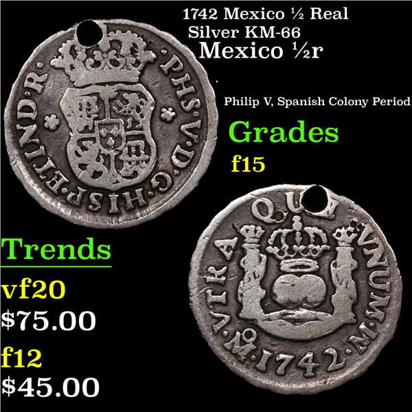 1742 Mexico 1/2 Real Silver KM-66 Grades f+