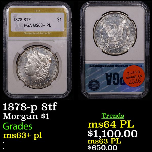 1878-p 8tf Morgan Dollar $1 Graded ms63+ pl By PGA