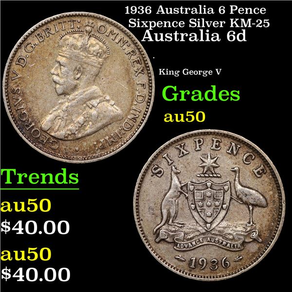 1936 Australia 6 Pence Sixpence Silver KM-25 Grades AU, Almost Unc