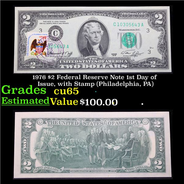 1976 $2 Federal Reserve Note 1st Day of Issue, with Stamp (Philadelphia, PA) Grades Gem CU