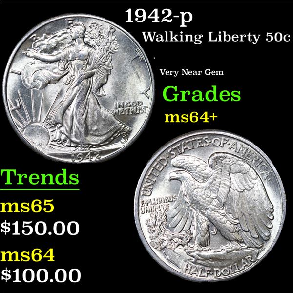 1942-p Walking Liberty Half Dollar 50c Grades Choice+ Unc