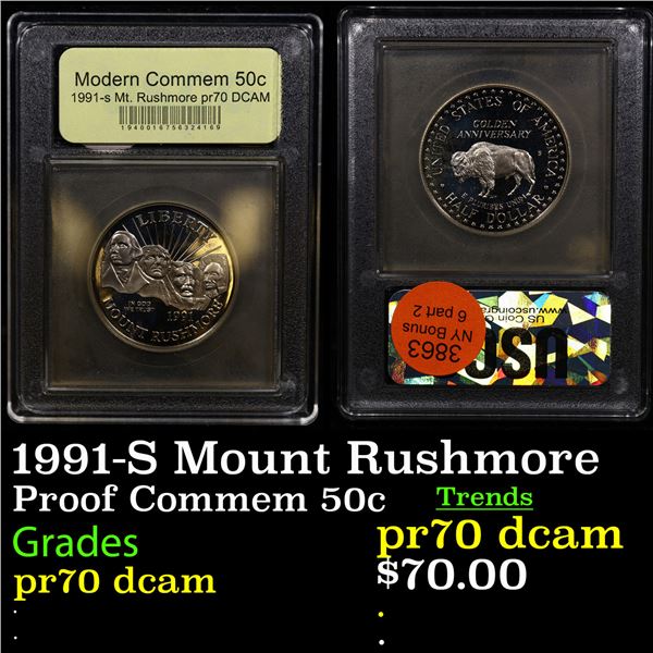 Proof 1991-S Mount Rushmore Modern Commem Half Dollar 50c Graded GEM++ Proof Deep Cameo By USCG