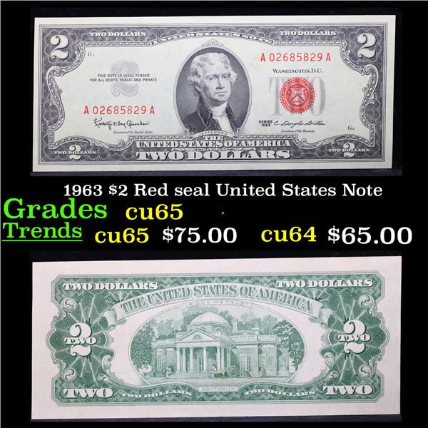 1963 $2 Red seal United States Note Grades Gem CU