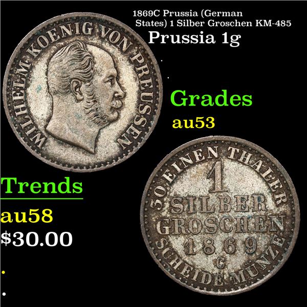 1869C Prussia (German States) 1 Silber Groschen KM-485 Grades Select AU