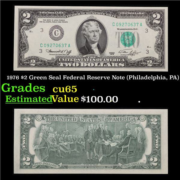 1976 $2 Green Seal Federal Reserve Note (Philadelphia, PA) Grades Gem CU