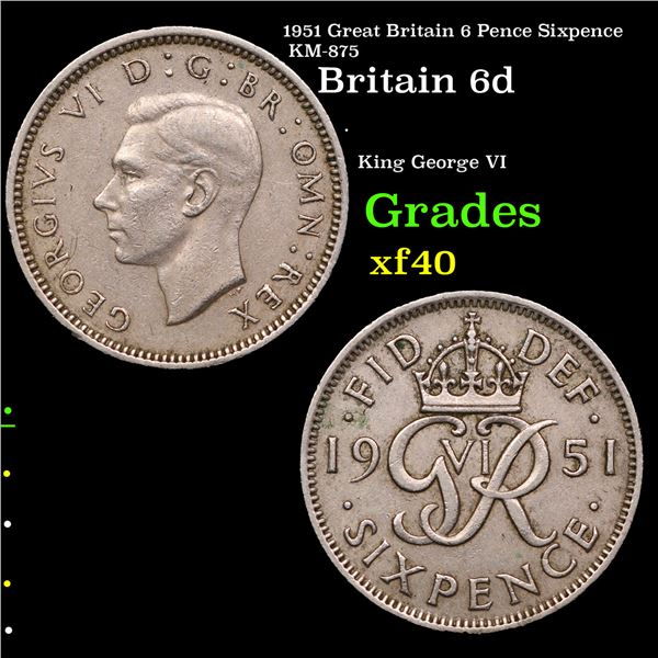 1951 Great Britain 6 Pence Sixpence KM-875 Grades xf