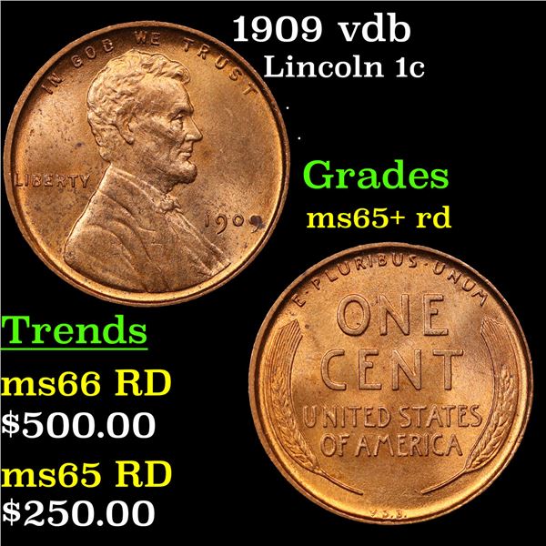 1909 vdb Lincoln Cent 1c Grades Gem+ Unc RD