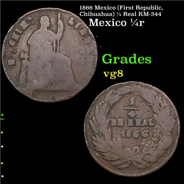 1866 Mexico (First Republic, Chihuahua) 1/4 Real KM-344 Grades vg, very good