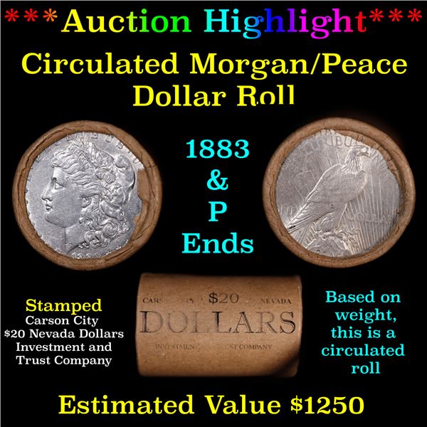 ***Auction Highlight*** Shotgun 1883 & 'P' Ends Mixed Morgan/Peace Silver dollar roll, 20 coin Carso