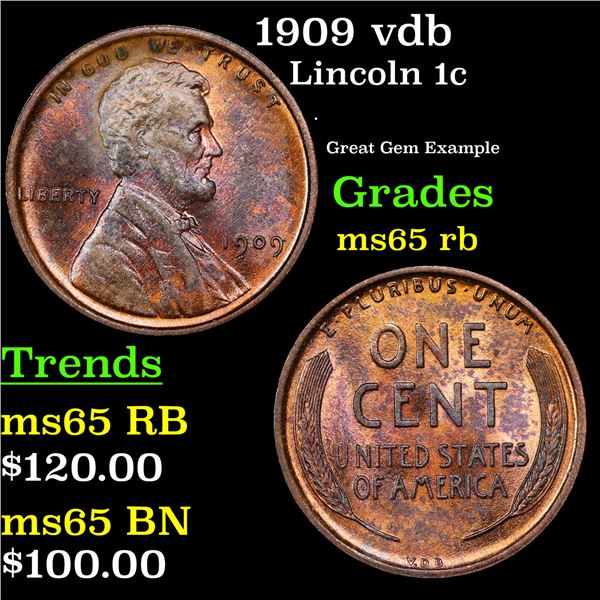 1909 vdb Lincoln Cent 1c Grades GEM Unc RB