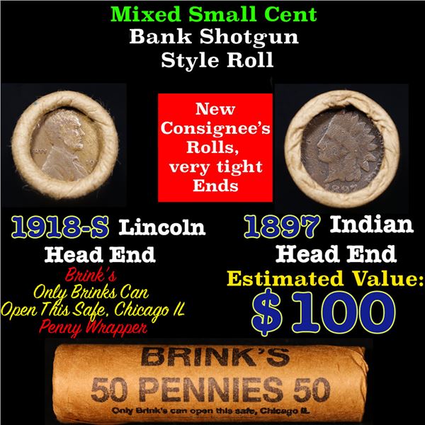 Mixed small cents 1c orig shotgun roll, 1918-S Wheat Cent, 1897 Indian Cent other end, Brinks Wrappe