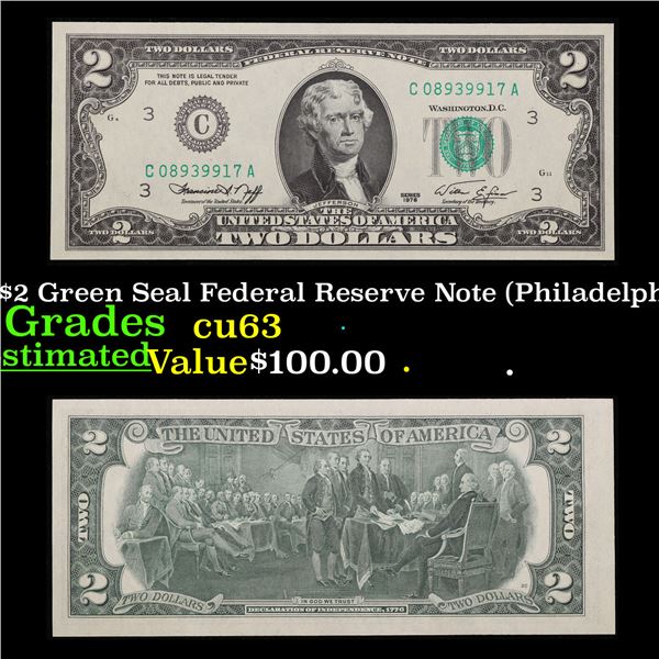 1976 $2 Green Seal Federal Reserve Note (Philadelphia, PA) Grades Select CU