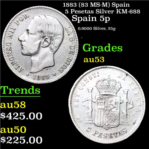 1883 (83 MS-M) Spain 5 Pesetas Silver KM-688 Grades Select AU