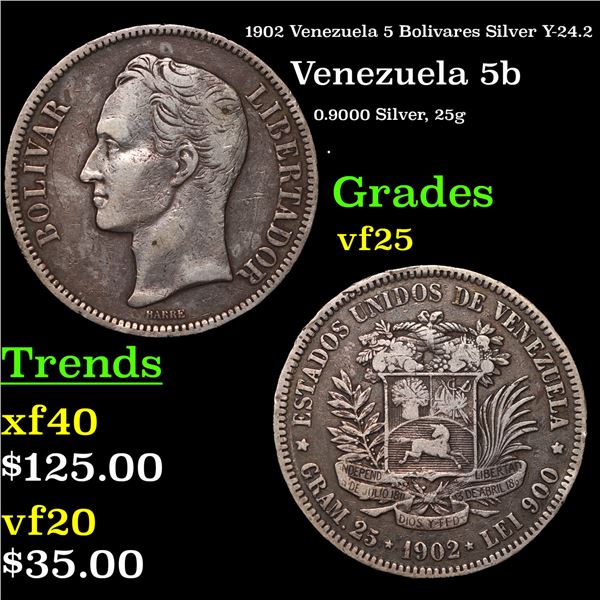 1902 Venezuela 5 Bolivares Silver Y-24.2 Grades vf+