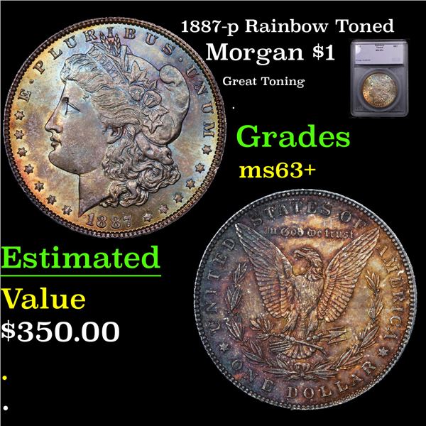 1887-p Rainbow Toned Morgan Dollar $1 Graded ms63+ BY SEGS