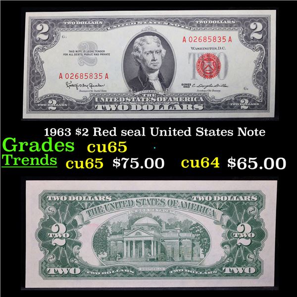 1963 $2 Red seal United States Note Grades Gem CU
