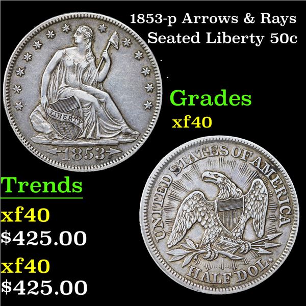 1853-p Arrows & Rays Seated Half Dollar 50c Grades xf