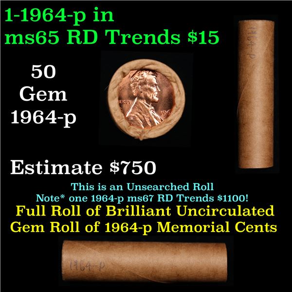 Shotgun Lincoln 1c roll, 1964-P 50 pcs Brandt Wrapper.