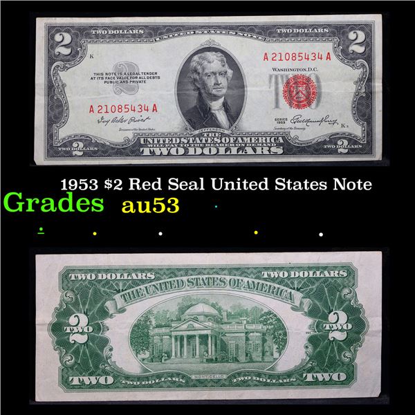 1953 $2 Red Seal United States Note Grades Select AU