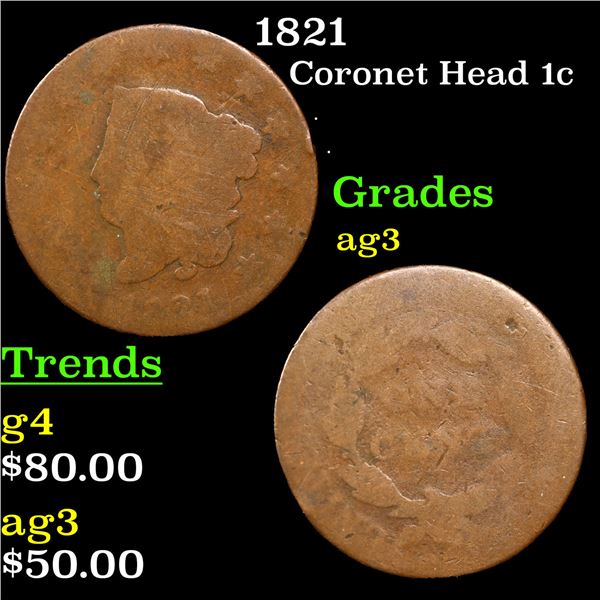 1821 Coronet Head Large Cent 1c Grades ag