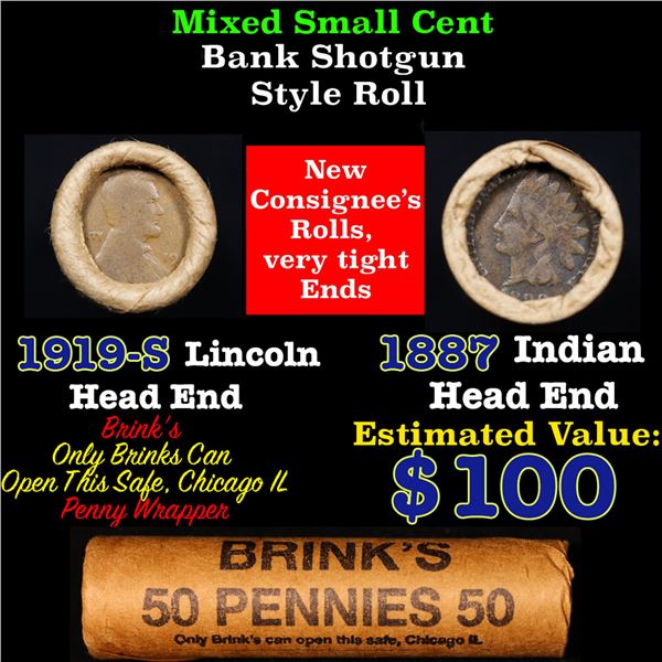 Mixed small cents 1c orig shotgun roll, 1919-S Wheat Cent, 1887 Indian Cent other end, Brinks Wrappe