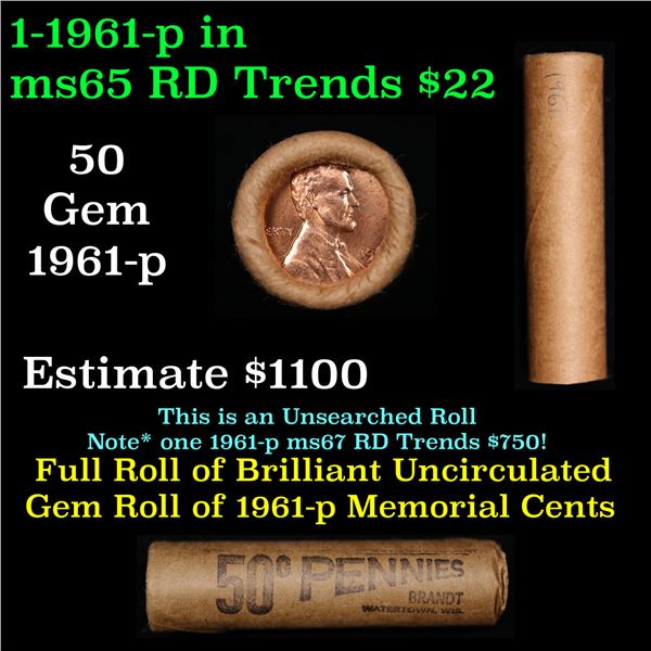 Shotgun Lincoln 1c roll, 1961-P 50 pcs Brandt Wrapper.