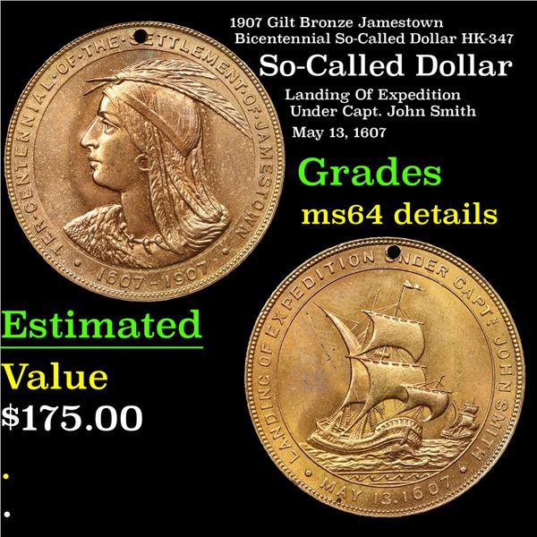 1907 Gilt Bronze Jamestown Bicentennial So-Called Dollar So-Called-Dollar $1 HK-347 Grades Unc Detai