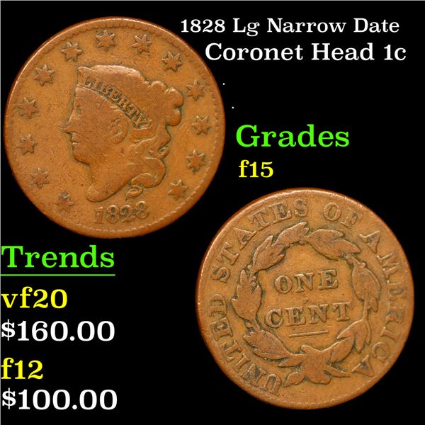 1828 Lg Narrow Date Coronet Head Large Cent 1c Grades f+