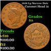 Image 1 : 1828 Lg Narrow Date Coronet Head Large Cent 1c Grades f+