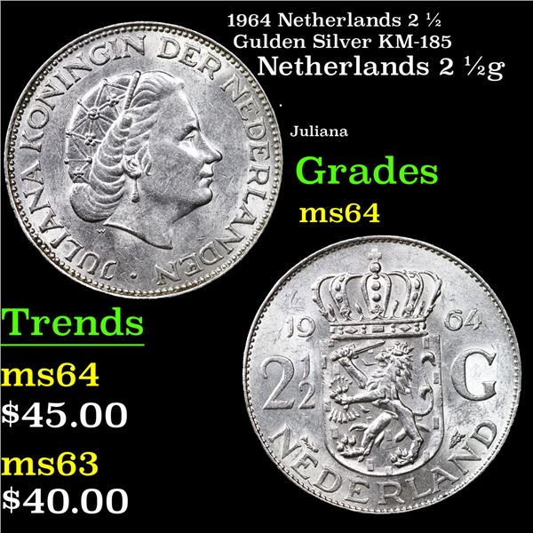 1964 Netherlands 2 1/2 Gulden Silver KM-185 Grades Choice Unc