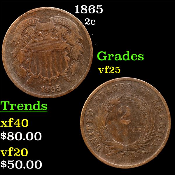 1865 Two Cent Piece 2c Grades vf+