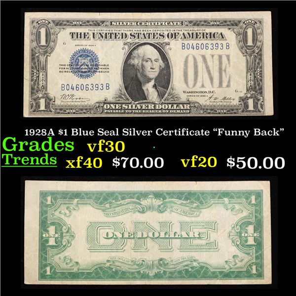 1928A $1 Blue Seal Silver Certificate "Funny Back" Grades vf++