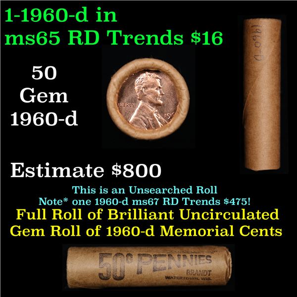 Shotgun Lincoln 1c roll, 1960-D 50 pcs Brandt Wrapper.
