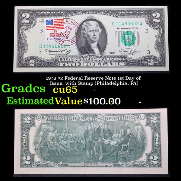 1976 $2 Federal Reserve Note 1st Day of Issue, with Stamp (Philadelphia, PA) Grades Gem CU