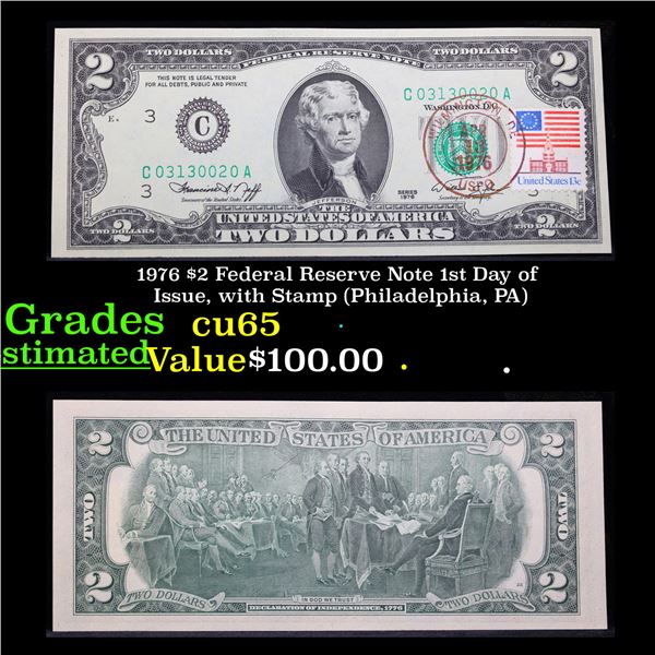 1976 $2 Federal Reserve Note 1st Day of Issue, with Stamp (Philadelphia, PA) Grades Gem CU